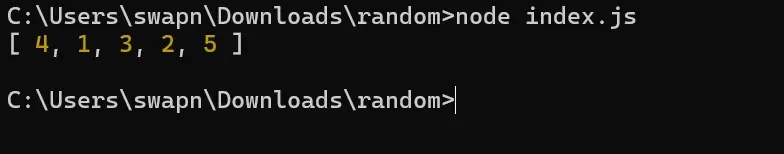 Console output of Fisher-Yates array shuffle algorithm