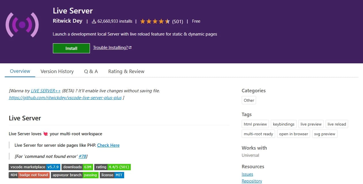Live Server local development preview extension