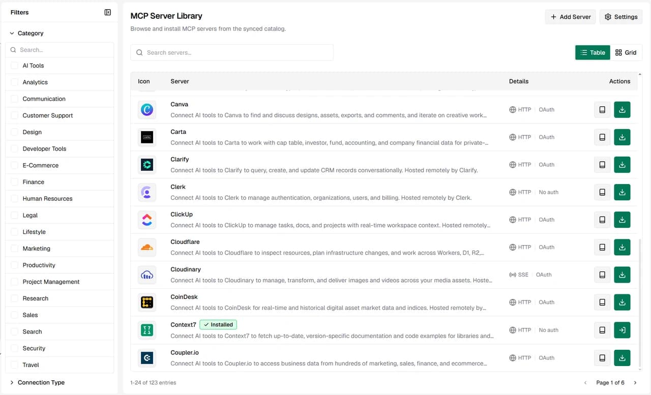 The Bifrost MCP Server Library showing 487 available servers, with Context7 marked as installed