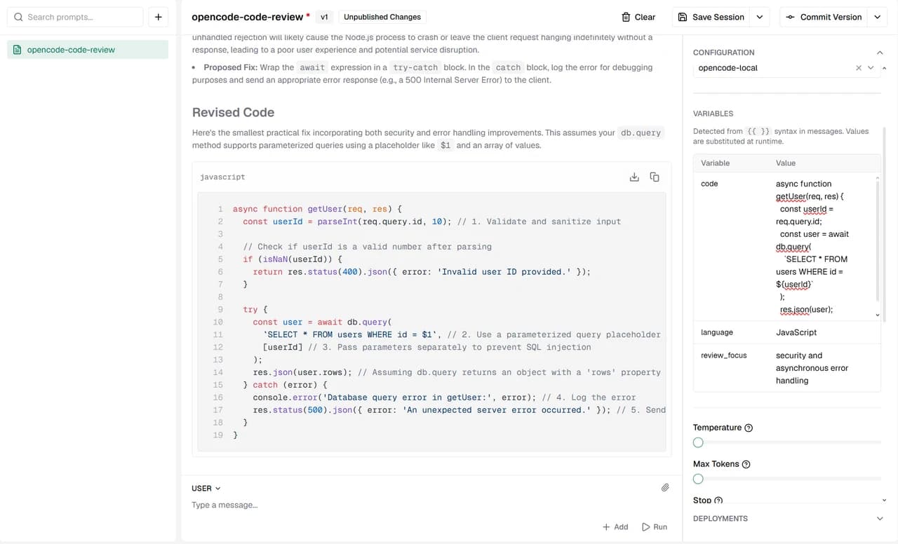 The Bifrost prompt playground running a code review prompt, with code, language and review_focus variables filled in on the right