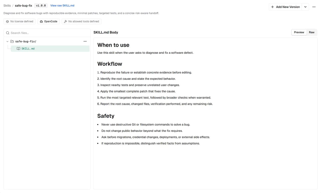 The safe-bug-fix skill in the Bifrost skills repository, showing its SKILL.md body with When to use, Workflow and Safety sections