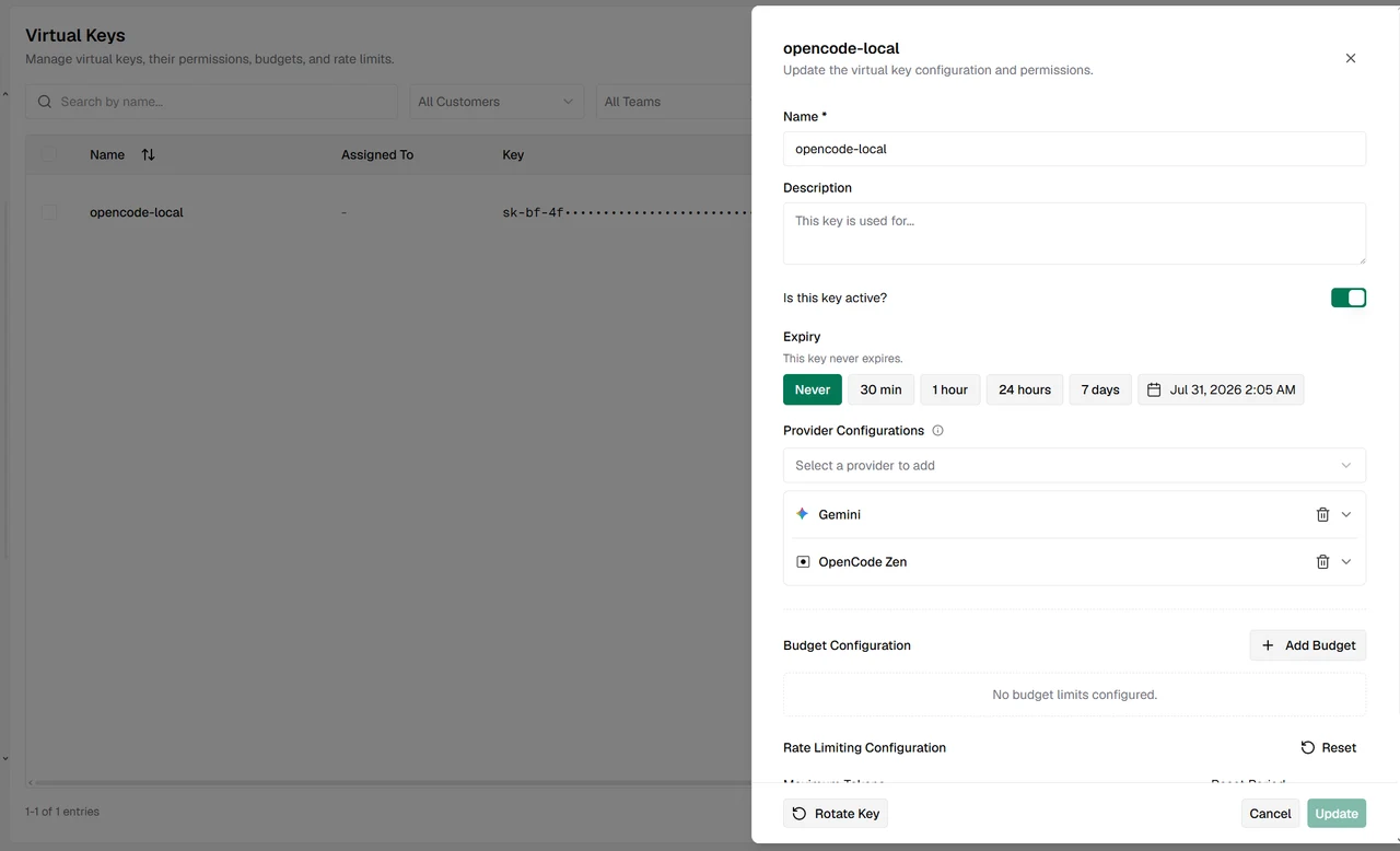 The Bifrost virtual keys dashboard, creating a key named opencode-local with Gemini and OpenCode Zen attached to it