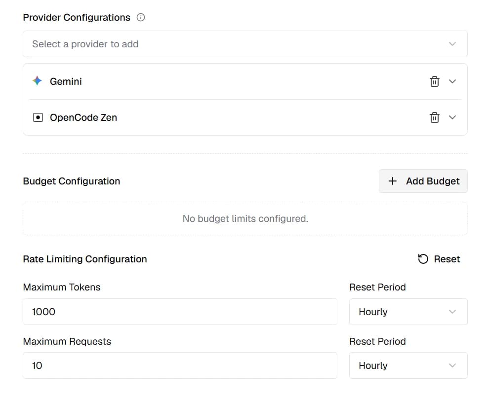 Rate limiting configuration for the virtual key, set to a maximum of 1000 tokens and 10 requests, both resetting hourly