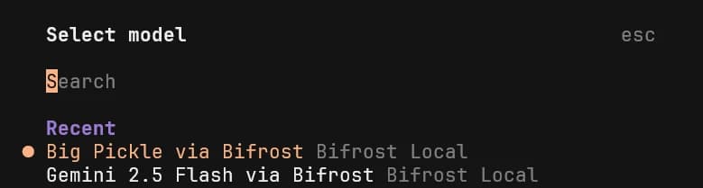 Both models now show up in OpenCode's model selector, routed through Bifrost Local.