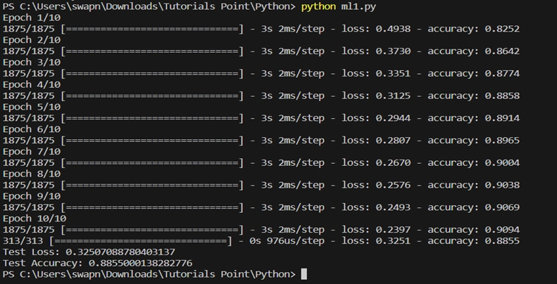 Terminal output of Fashion MNIST model training and evaluation