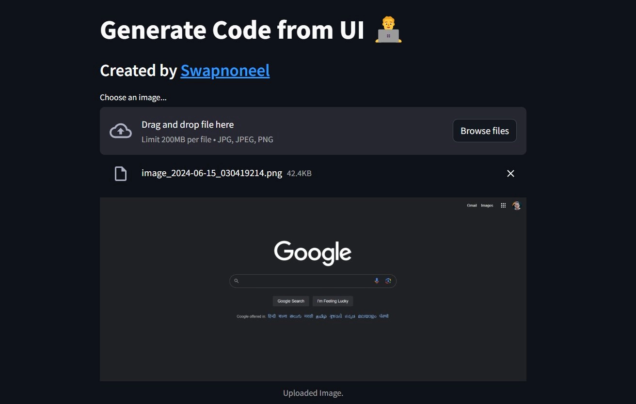 UI to Code Streamlit app preview