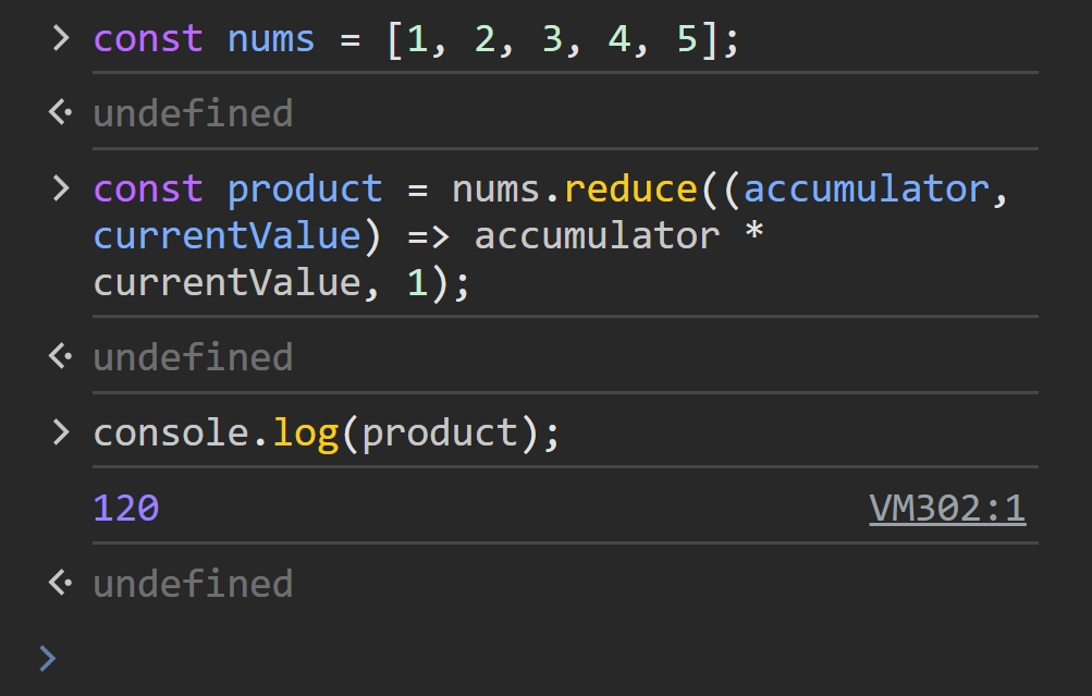 Browser console output of JavaScript reduce() function