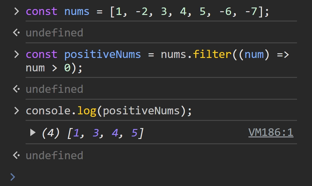 Browser console output of JavaScript filter() function