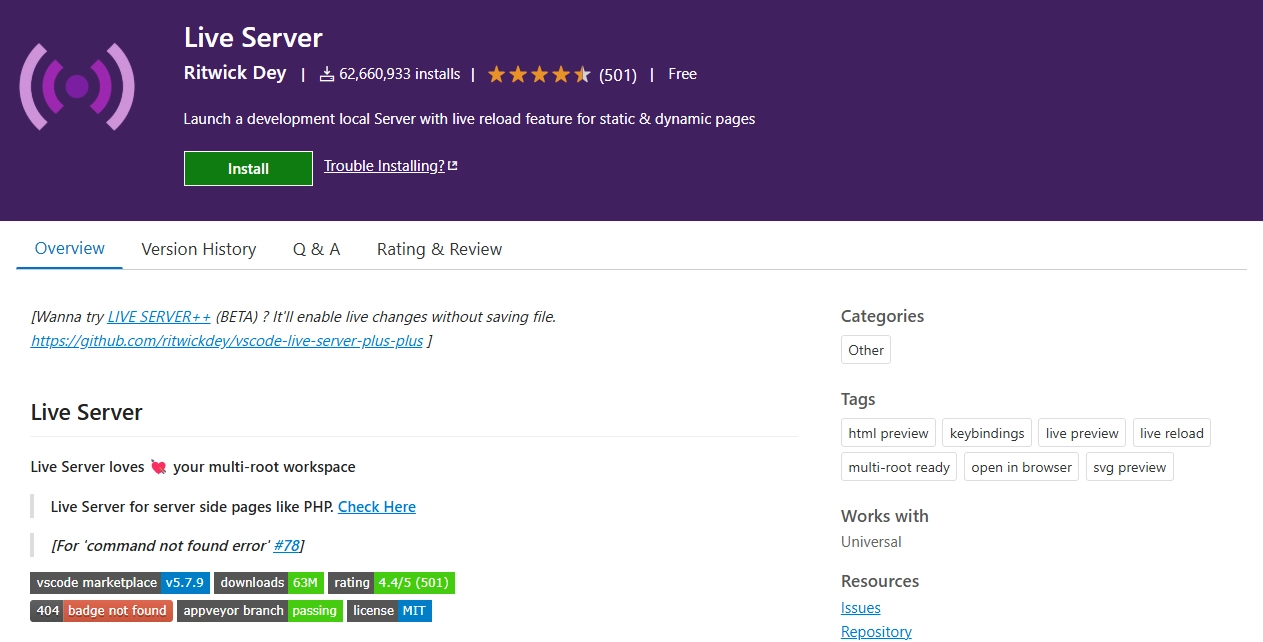 Live Server local development preview extension