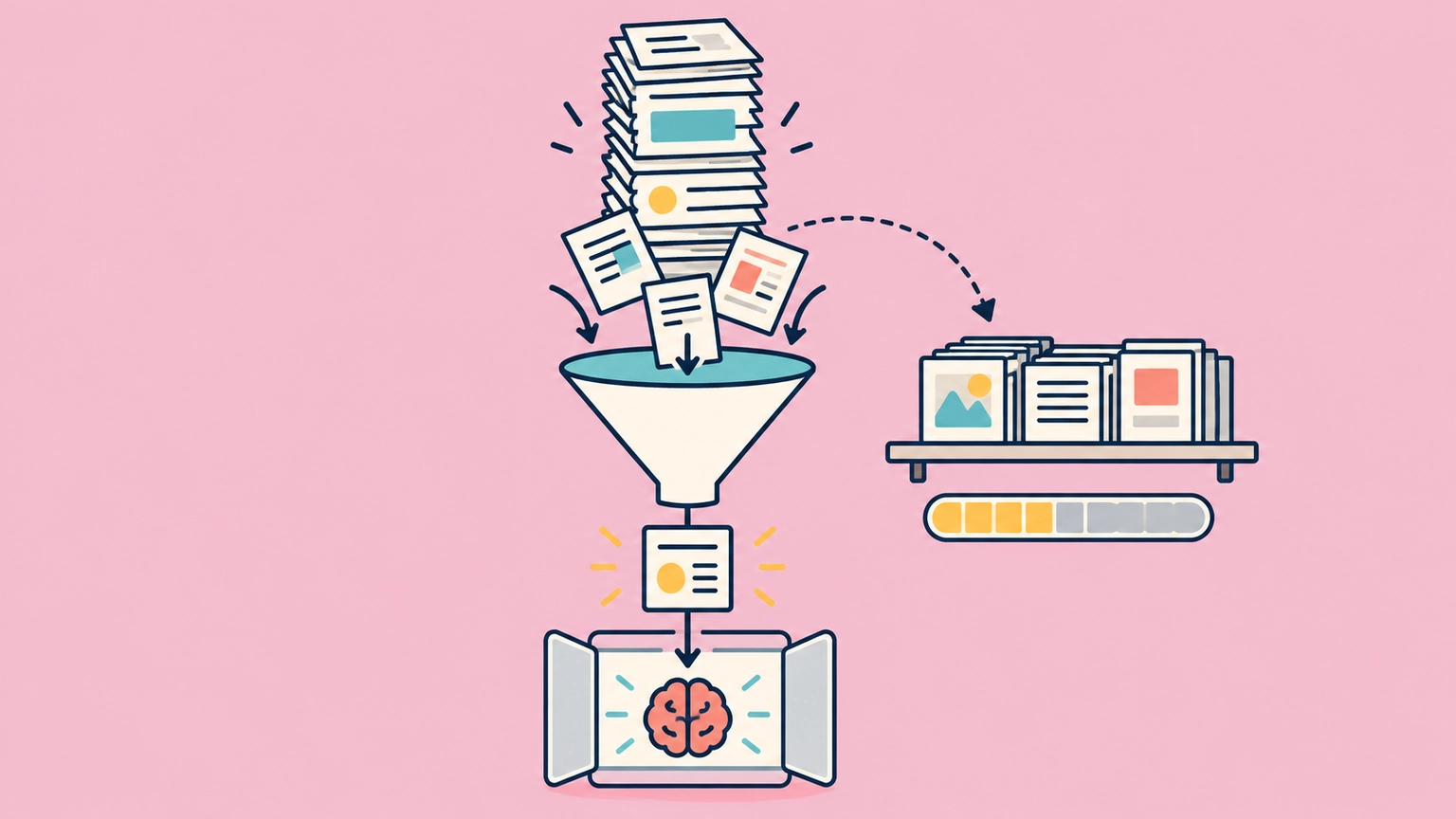 Instruction pages narrow through a funnel so only the needed context reaches the working window.