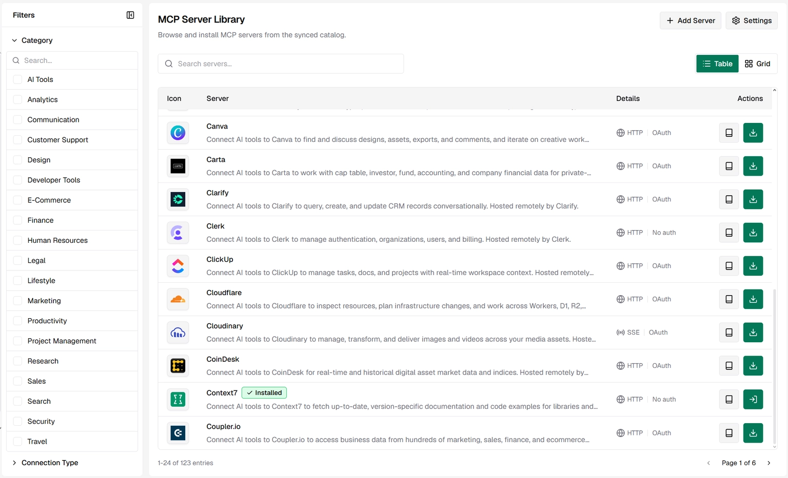 The Bifrost MCP Server Library showing 487 available servers, with Context7 marked as installed