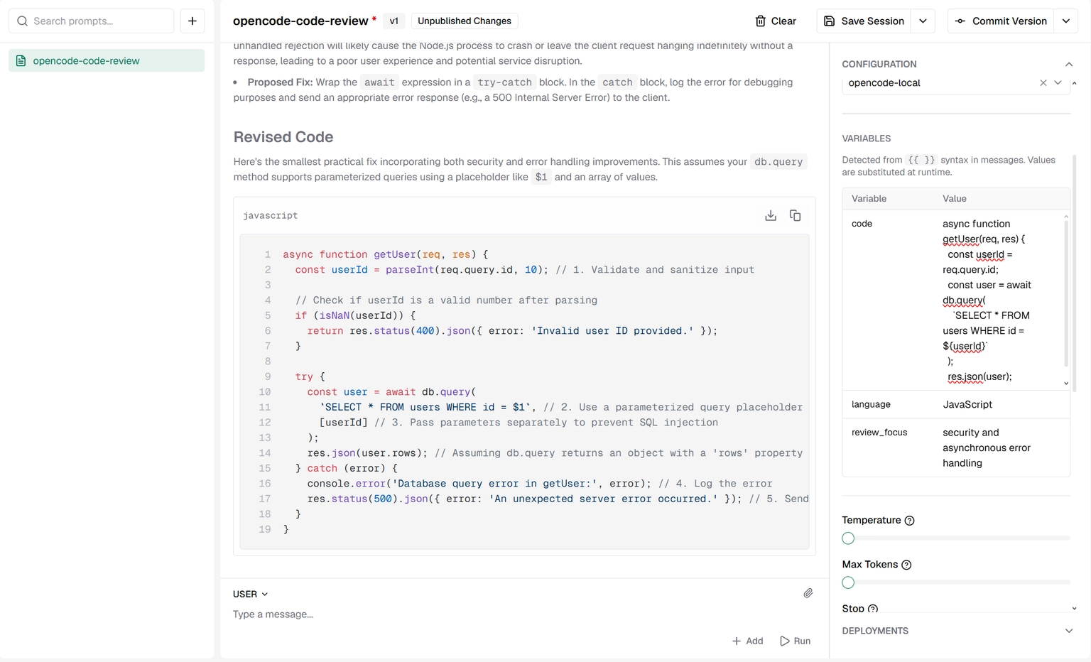 The Bifrost prompt playground running a code review prompt, with code, language and review_focus variables filled in on the right