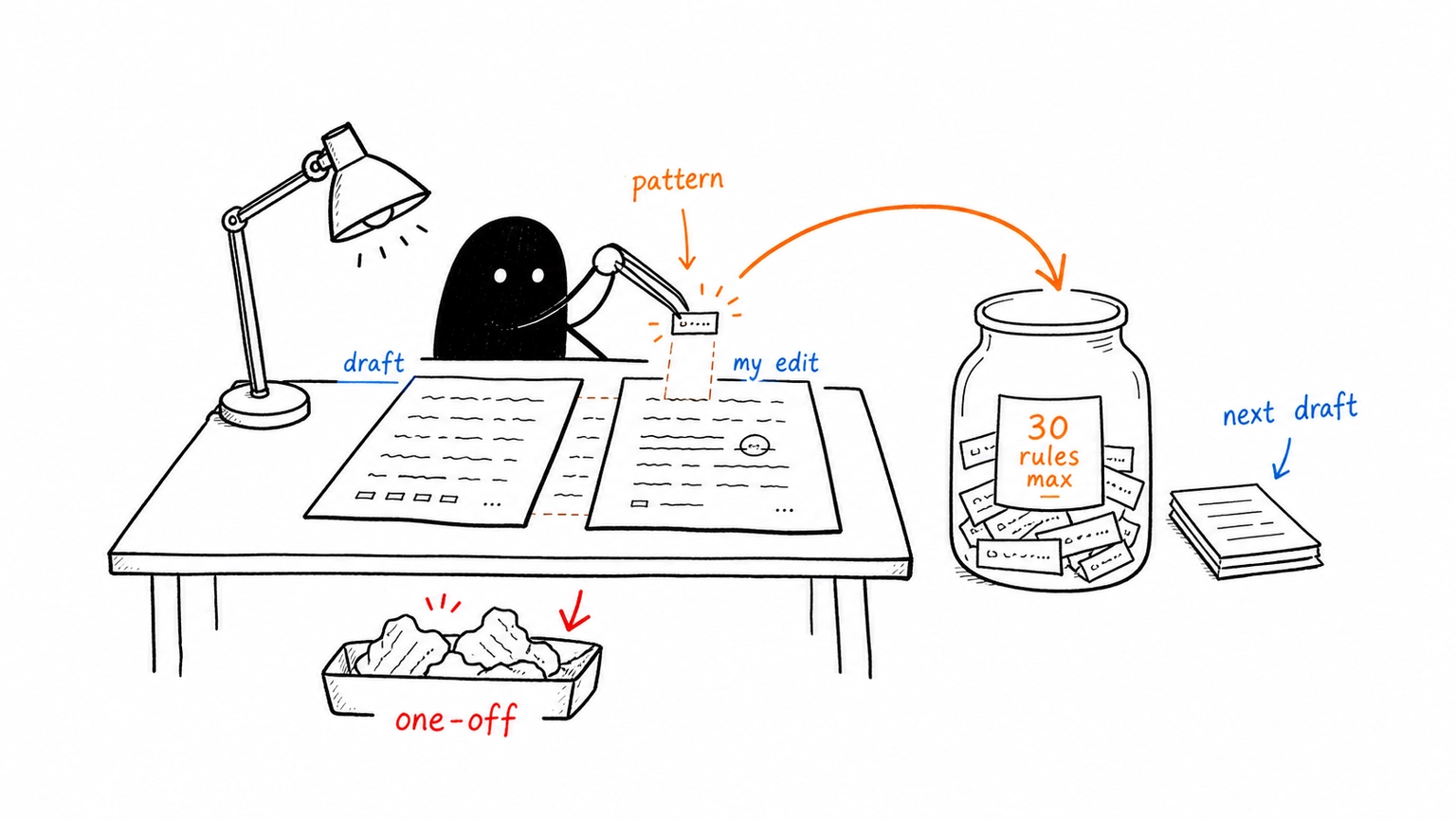 Human feedback loop creating reusable writing rules