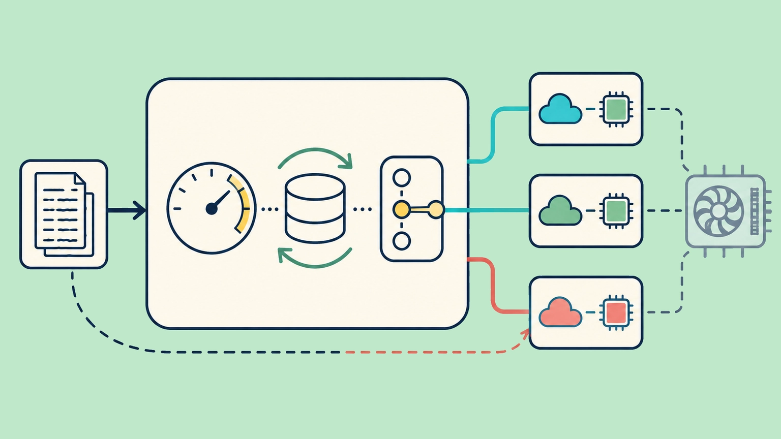 Illustration of an AI gateway coordinating caching, metrics, and fallbacks