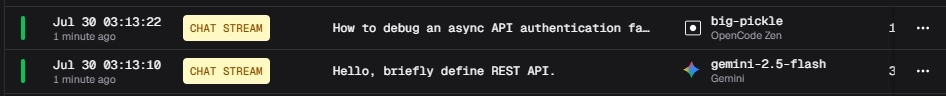 The simple query went to Gemini, the complex one to big-pickle, exactly as configured.
