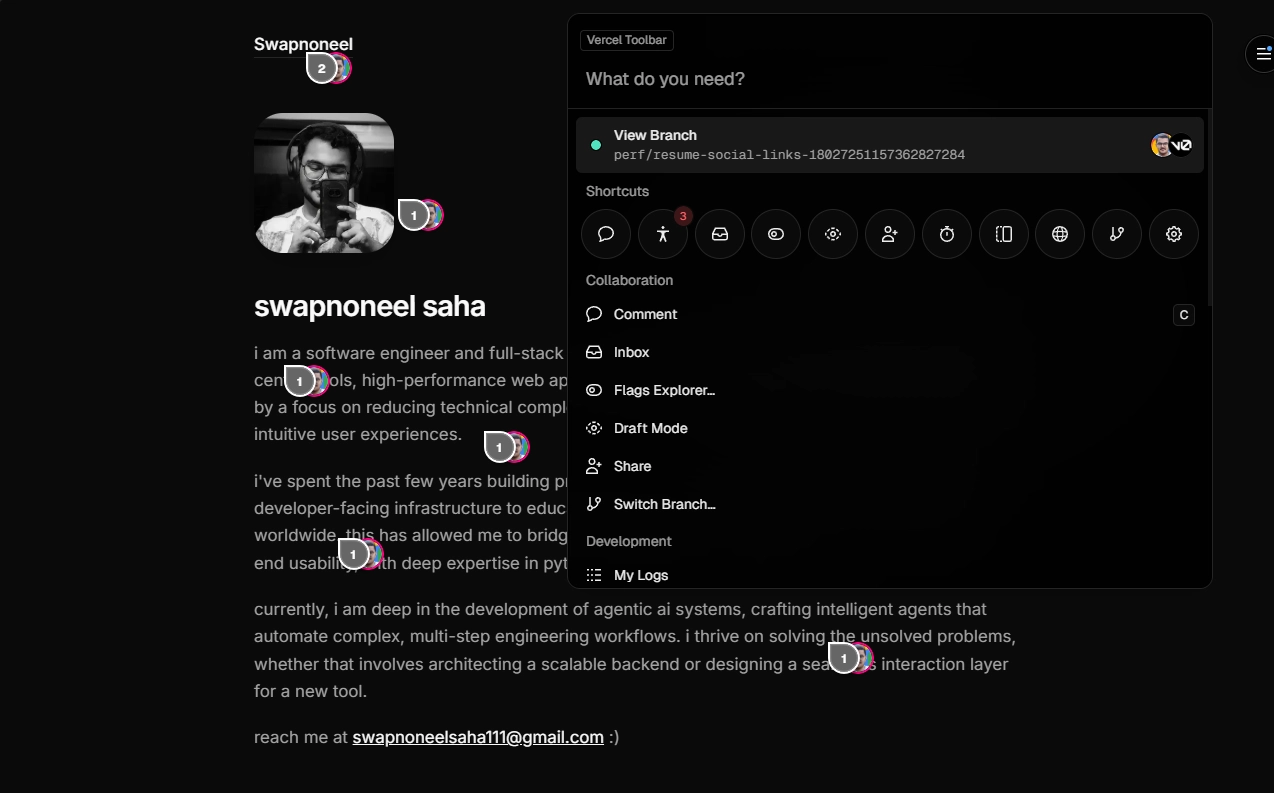 Vercel preview toolbar with comments and collaboration controls