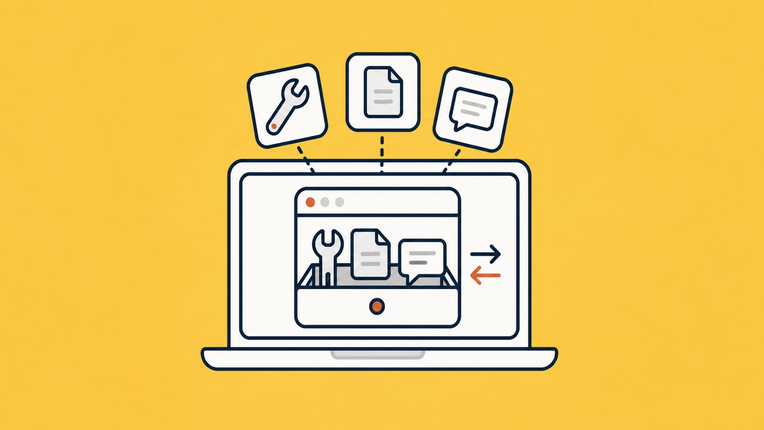 A small program running on a laptop opens a compact drawer of tools, readable data, and reusable prompts.